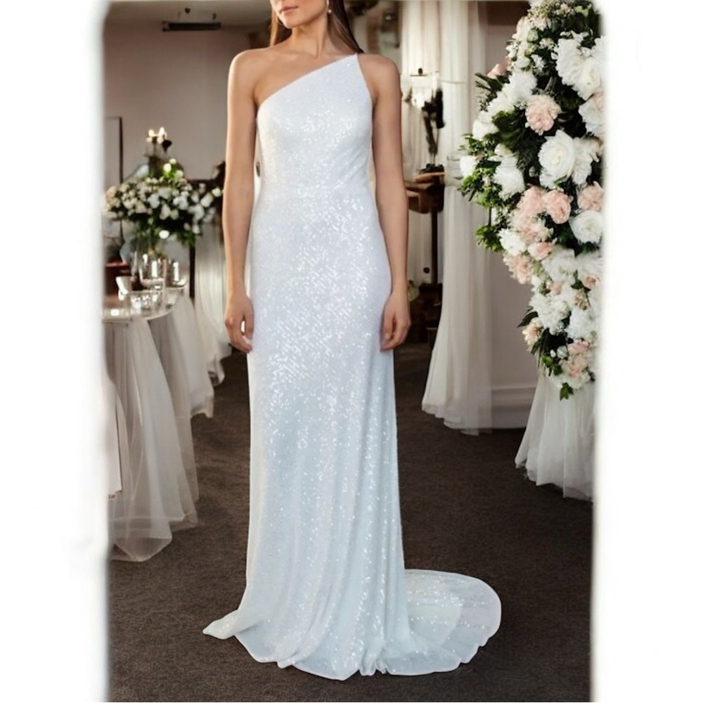 New Jenny Yoo x BHLDN Zara 1-Shoulder Sequins 2 XS Off White Column Wedding Gown